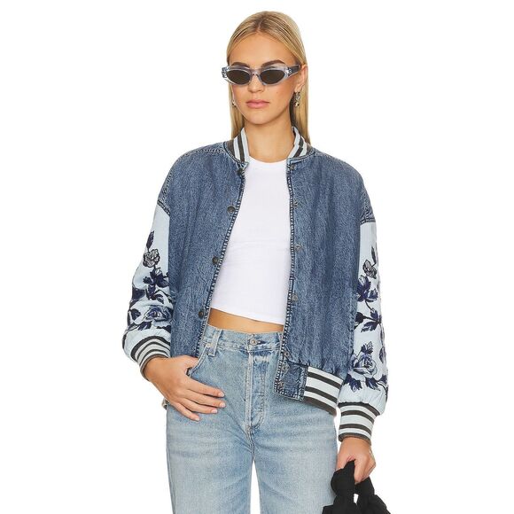 Free People Team Spirit Jacket Floral Roses Embroidered Sleeves Striped XS NEW - Picture 4 of 9